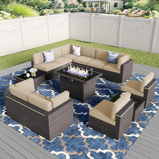 13 Pieces Patio Furniture Set with 44" Propane Gas Fire Pit Table, Outdoor Sectional Wicker Conversation Sofa Sets with Coffee Table