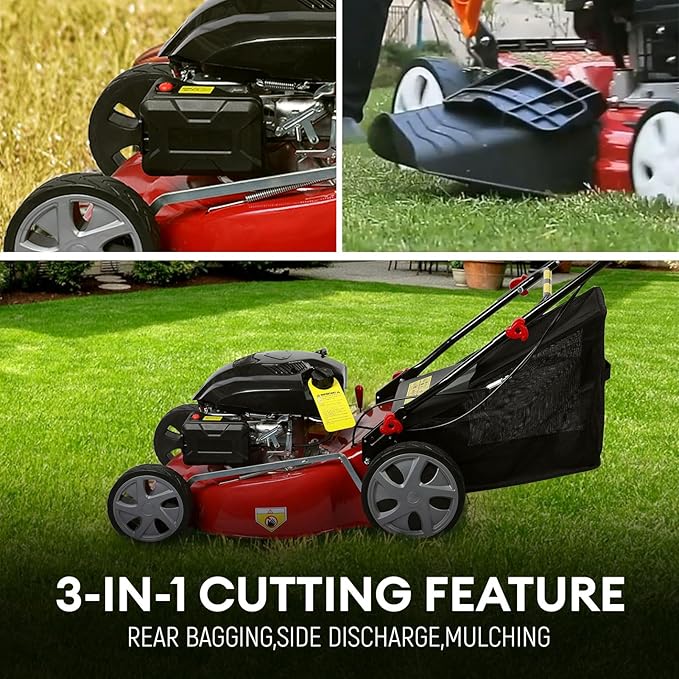 3 in 1 Gas Lawn Mower Self Propelled,141 OHV Engine with Air Cooling, 20" Steel Deck, 8-Level Height Adjustment, 50L Grass Tank, Foldable Design Red