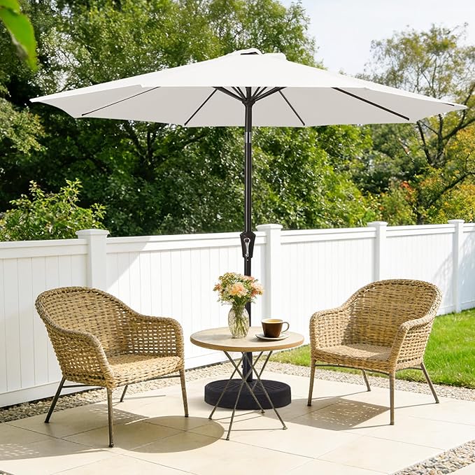 MEWAY 9ft Patio Umbrella Outdoor Table Umbrellas with Push Button Tilt and Crank, Market Umbrella 8 Sturdy Ribs for Deck, Garden, Pool and Backyard, Creamy-white
