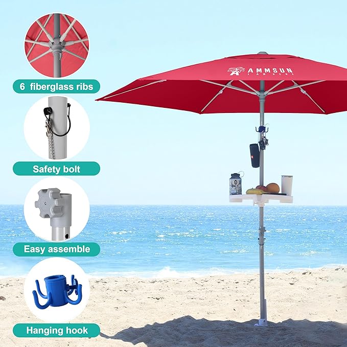 AMMSUN 8ft Large Beach Umbrellas for Sand Heavy Huty Wind Portable Commercial Grade Patio Beach Umbrella with Sand Anchor Adjustable Height Air Vent UPF 50+ Telescoping Pole without tilt Red