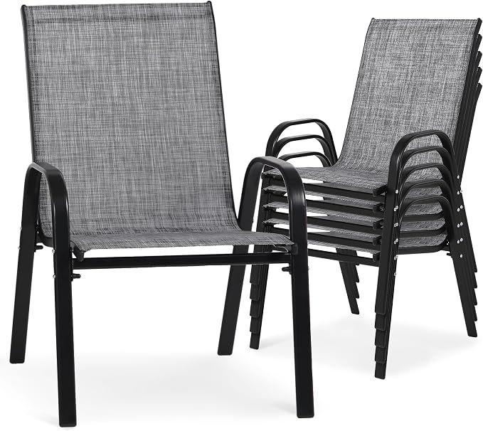 24.4" Wide Outdoor Stackable Chairs Set of 6, Stacking Patio Chairs with Textilene Fabric, Outside Furniture for Garden Backyard Balconie Poolside Deck, Grey