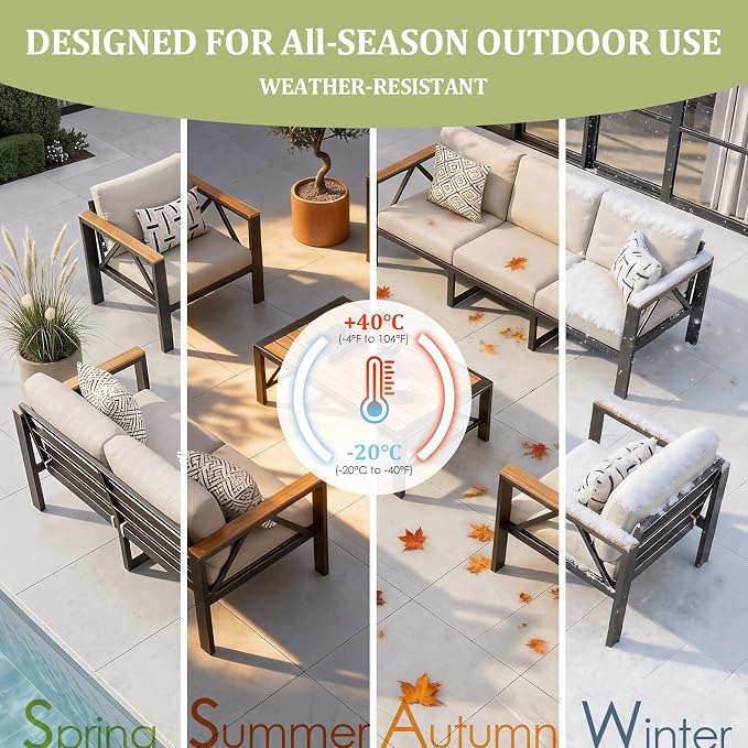 INGEROOM 5 Piece Aluminum Outdoor Patio Furniture Set with Waterproof Cover, 7-Seat Patio Conversation Sets with Coffee Table, Outdoor Sectional Furniture Set for Porch, Balcony, Deck, Oatmeal