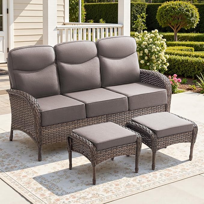 3-Piece Luxury Patio Furniture Sofa Set with 6-Inch Thick Cushions– Outdoor Wicker Conversation Set with Covered Couch, Multifunctional Ottoman & All-Weather Seating for Backyard, Porch, Garden Gray