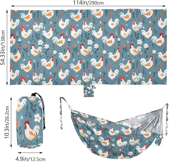 Camping Hammock Outdoor Hammocks for Outside Rooster Flowers Beach Trees Portable Lightweight with Pockets Tree Straps Indoor