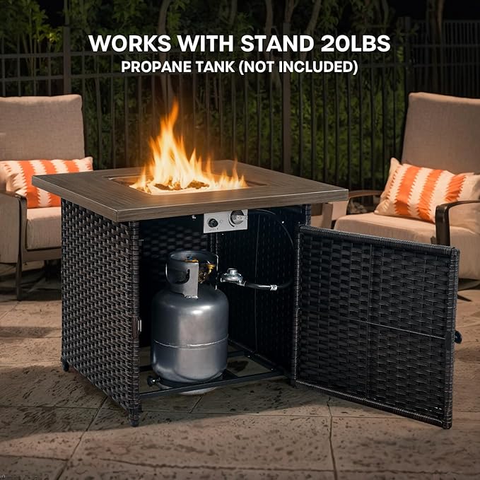 Patio Luxury Conversation Set - 6PCS Resin Wicker Swivel Chairs, 4 Chairs With Rattan Side Table and 30in Square Fire Table - Grey Wicker|Grey Cushions