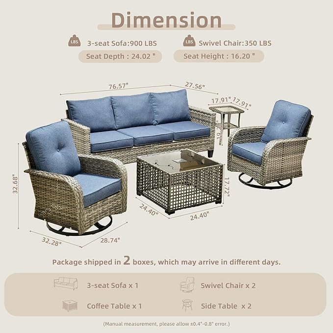 Patio Furniture, All Weather Wicker 6 PCS Outdoor Sofa with High Back Swivel Rocker Chairs, Conversation Set with Solar Light Coffee Table,Light Rattan Blue Cushion
