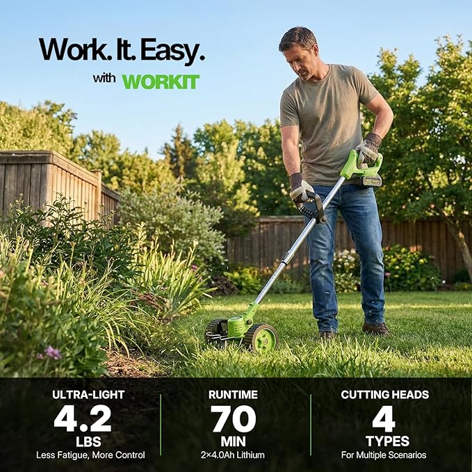 WORKIT 4-in-1 Electric Weed Wacker: 20V 6 Inch Cordless Weed Eater with Wheels - 2x4.0Ah Batteries & 4 Blade Types, Lightweight Stringless Brush Cutter for Small Yard & Garden Care