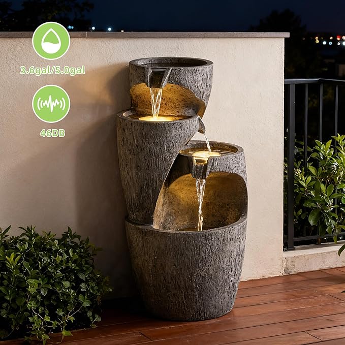 28in Outdoor Cascading Garden Water Fountain for Patio, Backyard, Deck, Porch and Home Decor, 3-Tiers Clay Pot Fountain with Lights Grey
