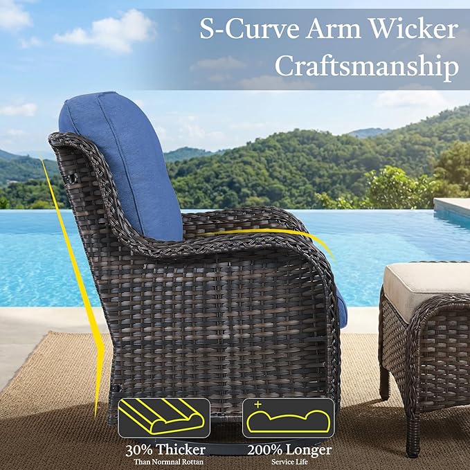 Outdoor Patio Furniture Set-5 Piece Outdoor Swivel Rocker Chairs with Ottomans Patio Furniture Set for Deck Balcony Poolside Backyard-Brown/Blue