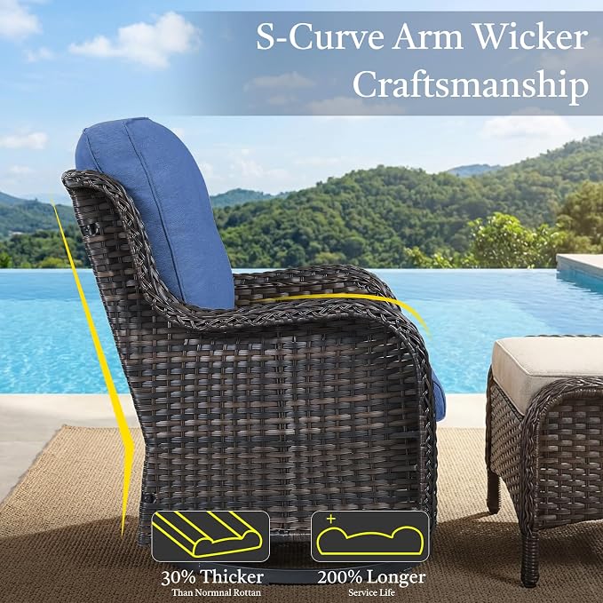 Wicker Patio Furniture Set- 4 Pieces Outdoor Swivel Rocker Chairs with 50,000 BTU Fire Pit Table,PE Rattan Outdoor Conversation Set for Garden Porch Deck