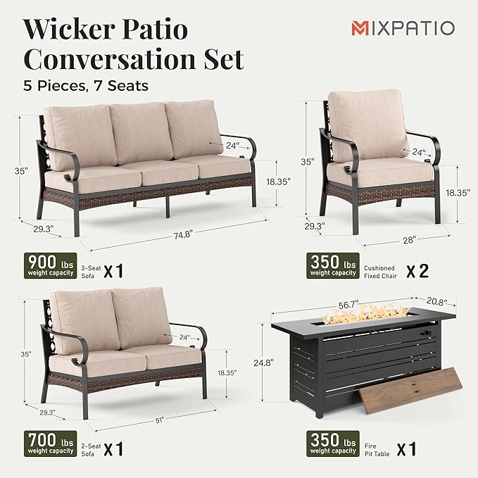 Patio Furniture Set with Fire Pit Table, Metal Outdoor Conversation Set with 5.75'' Extra Thick Cushion, 2 Leg Chairs, Loveseat Sofa, 3-Seat Sofa and Gas Fire Pit Table, Beige