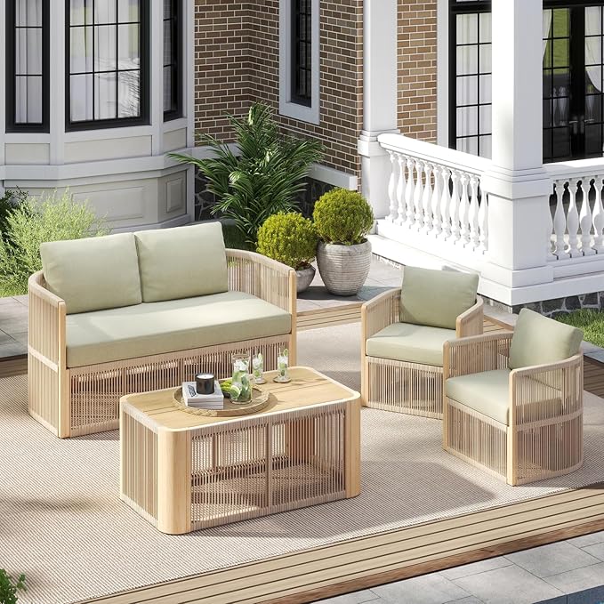 Patio Lounge Sofa Set of 2, Loveseat Rope Patio Furniture Set with Table, Outdoor Aluminum Conversation Sets, Outdoor Chair Sets for Porch, Garden, Deck, Balcony, Green