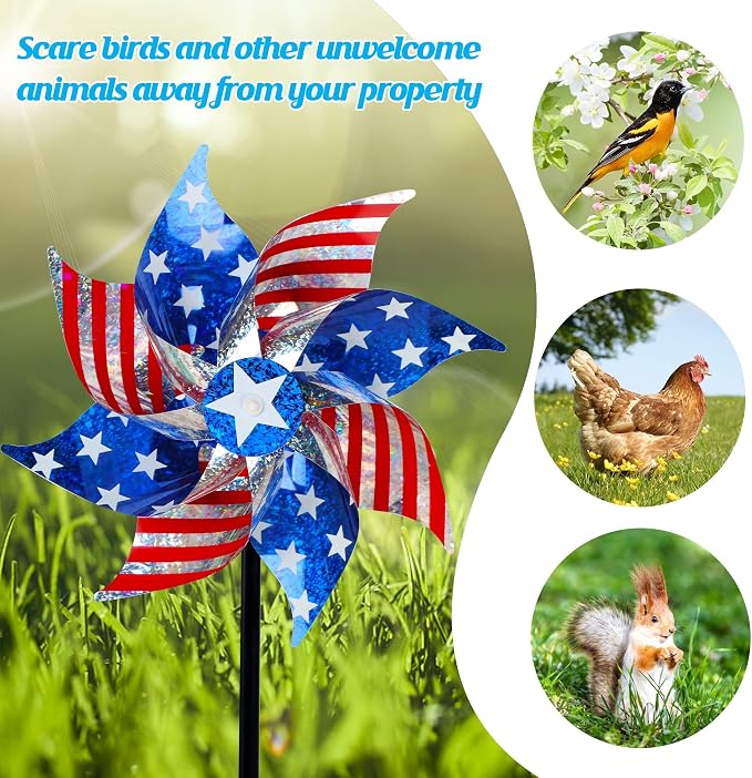 Hausse 10 Pack Reflective Pinwheels Patriotic Decorations (Assembly Required), American Flag Wind Spinner with Stake for Independence Day, Memorial Day July of 4th, Scare Birds Repellent Devices