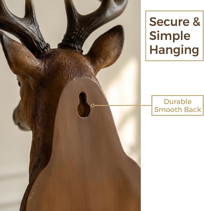 Deer Head Wall Decor, 19 Inch Large Stag Buck Horns | Faux Taxidermy, 3D Resin, Lifelike Wildlife Statue, For Living Room Cabin Hunting Lodge Man Cave
