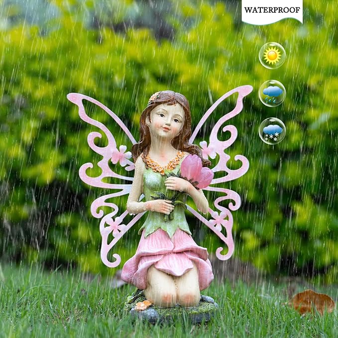 Suyorpe Fairy Decor, Solar Outdoor Statue, Accessories for Fairy Garden Gifts - Resin Figurine for Patio Yard Lawn, Size 8.35 x 4.92 x 10.82 inches