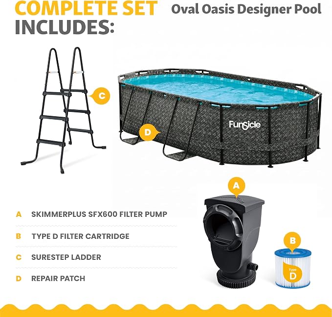 Funsicle Oval Oasis Designer 13'11" x 8'2" x 39.5" Above Ground Swimming Pool, with FiltraBoost Filter 800 GPH Pump with AutoSkimmer, Ladder & Type D Filter Cartridge, Dark Herringbone