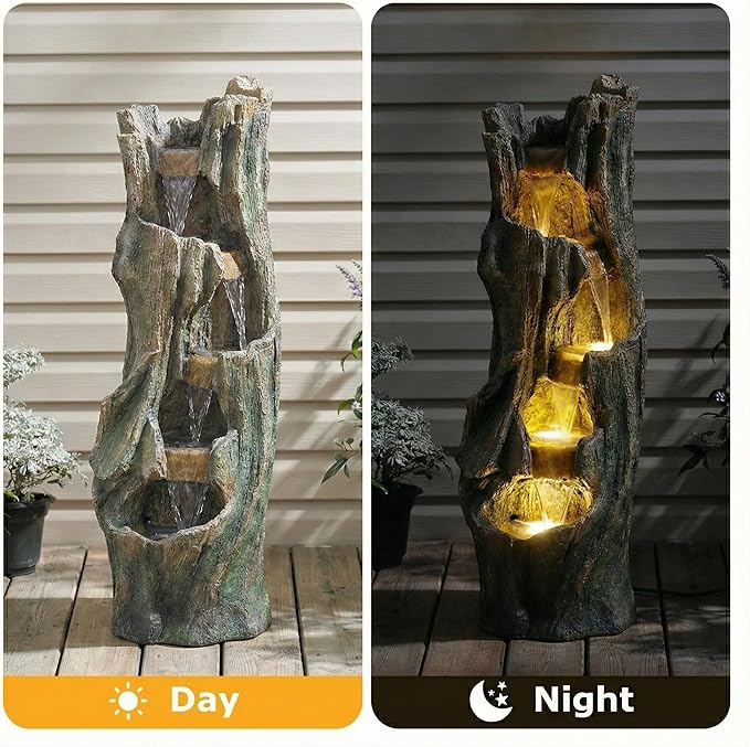 Tree Design Outdoor Waterfall Fountain with LED Lights, Freestanding Fiberglass Resin Water Feature for Patio, Backyard, Garden & Entryway Decor, Energy-Saving Lighting, Easy Setup & Low Maintenance