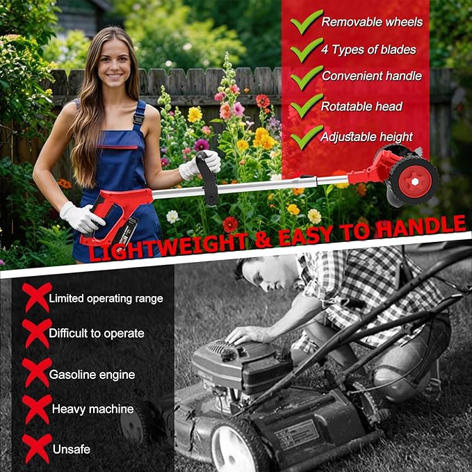 Electric Weed Wacker Cordless Eater Battery Powered 4 in 1 Lightweight Weed Trimmer with 4 Types Blades & Weed Storage Bag, 21V Battery Operated No-String Grass Trimmer for Garden Yard