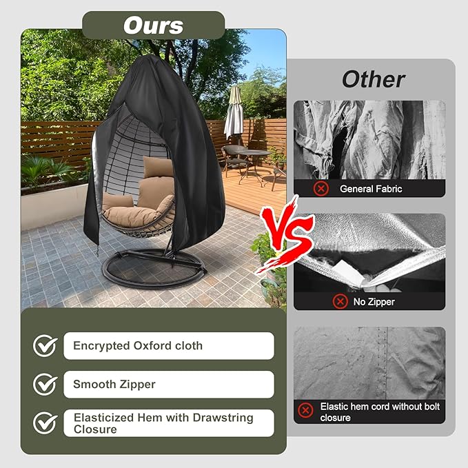 Patio Egg Chair Cover with Zipper,Outdoor Hanging Egg Chair Cover,UV Resistant,Windproof Heavy Duty,Wicker Egg Swing Chair Covers,Fits Single Seat Egg Chair,75"" x 45"",Black