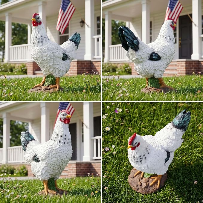 13.4" Realistic Chicken Yard Art - Rustic Outdoor Chicken Statues, Funny Farm Sculpture, Garden Chicken Decor, Fence Decoration, Hand-Painted Resin Figurines for Patio & Backyard