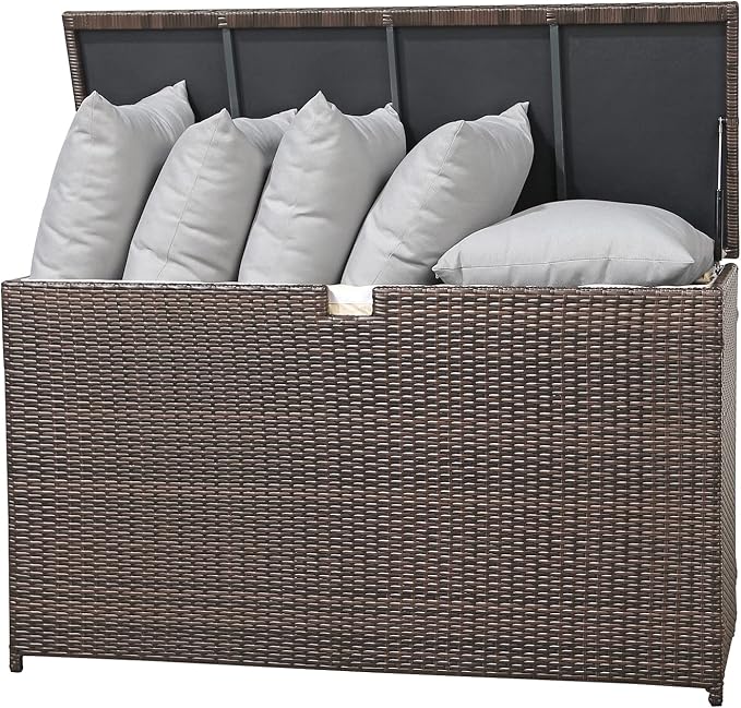 Patiorama Outdoor Wicker Storage Box Patio Aluminum Frame Espresso Brown Wicker Cushion Storage Bin Deck Box, 120 Gallon