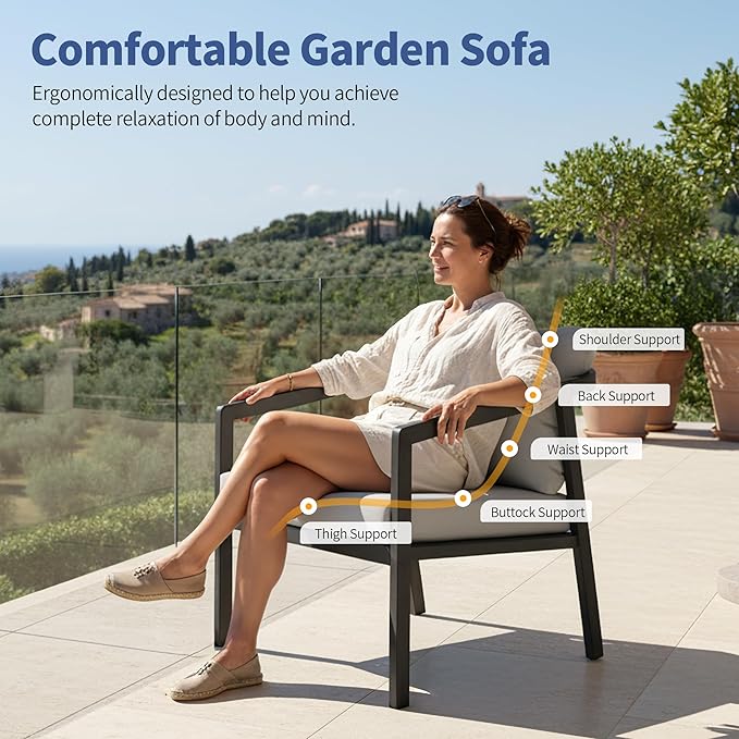 Patio Conversation Sets Outdoor Armchair, 2 Piece Aluminum Patio Sofa Chairs with Washable Thick Cushions, Modern All-Weather Patio Furniture Sets for Garden, Backyard, Porch (Brlack+Grey)
