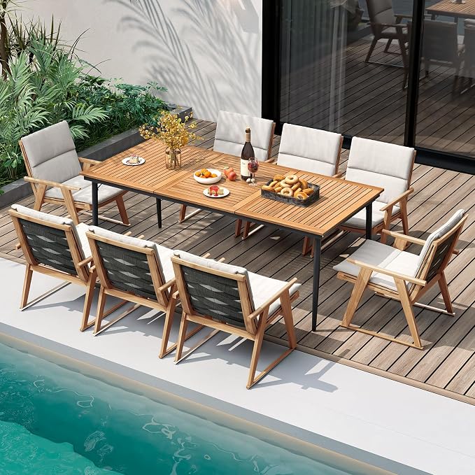 Tangkula 79" Acacia Wood Outdoor Dining Table for 8, Large Rectangular Patio Table with 1.9" Umbrella Hole, Metal Frame & Foot Pads, 8-Person Outside Table for Garden, Poolside & Backyard