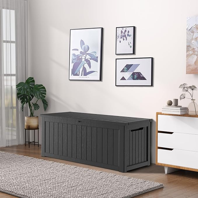 230 Gallon Outdoor Storage Box, Waterproof Resin Deck Container with Lockable Lid, Patio Organizer for Cushions & Garden Tools, Black