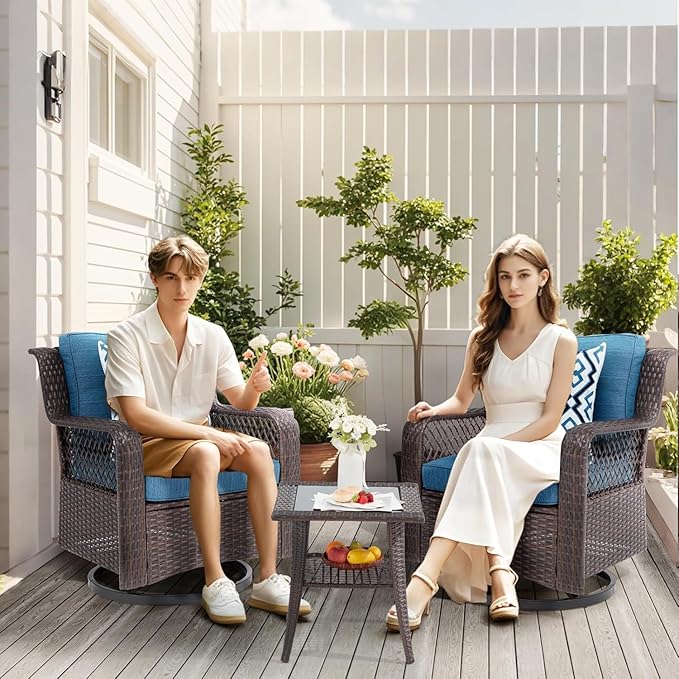 3 Pieces Patio Swivel Chairs, Wicker Patio Conversation Sets with Rocking Chair, Side Table for Outdoor Garden Porch Backyard(Blue)