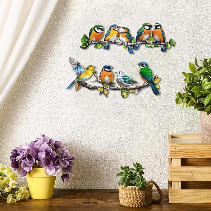 Metal Bird Outdoor Wall Art Decor - Hummingbird Wall Silhouette Art, Bird on Branch Wall Sculpture Hanging Indoor Outdoor for Your Yard, Garden and Patio (2 Pack)