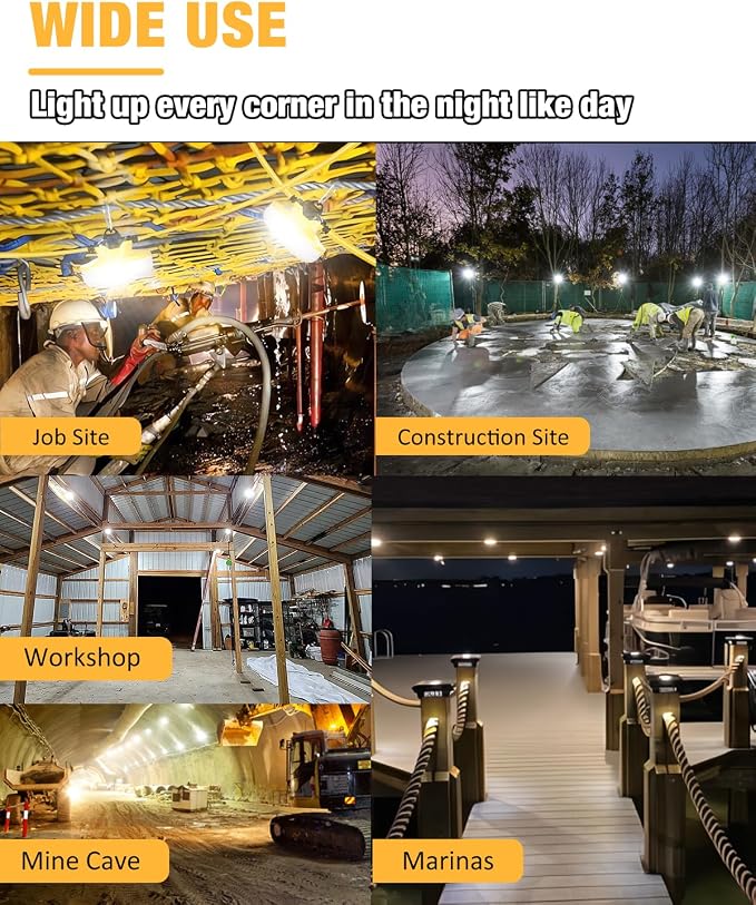 LED Construction String Light 50FT, 65W 8000Lm Industrial LED String Work Lights with 5 Bulbs, 5000K Linkable Work Lights Temporary Lighting for Construction Site, Job Site, Attic, Crawl Space