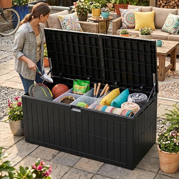 220 Gallon Extra Large Deck Boxes Outdoor Waterproof Lockable | Outdoor Storage Box with Double Wall Resin Construction for Patio Furniture Garden Tools Pool Supplies