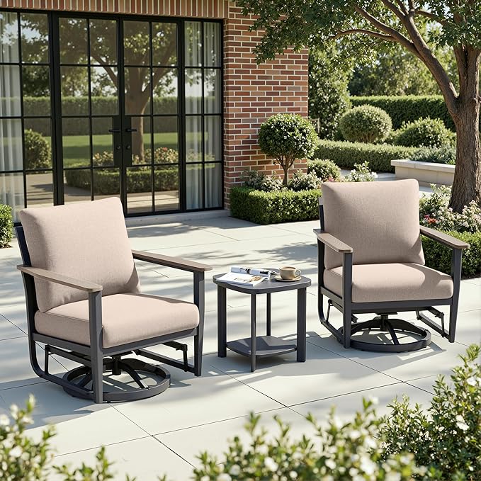 3-Piece Aluminum Patio Rocking Swivel Chair Outdoor Bistro Set, Patio Conversation Set Outdoor Patio Furniture Set with High Backrest & Thickened Cushions for Garden, Deck and Balcony, Sand