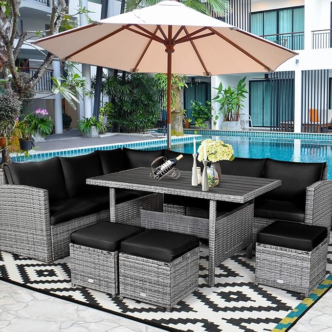 Tangkula 7 Pieces Patio Furniture Set, Outdoor Sectional Rattan Sofa Set with Cushions, All Weather Wicker Conversation Couch Set w/Dining Table & Ottomans for Backyard Garden Poolside (Black)