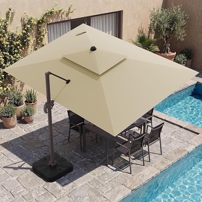HASLE OUTFITTERS 9x12 FT Patio Cantilever Umbrella with Base, Outdoor Offset Large Rectangular Heavy Duty Double Top Umbrellas with 360° Rotation for Pool Garden Deck，Beige
