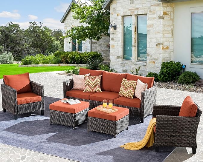 HOOOWOOO Patio Conversation Sets,5 Piece Wicker Outdoor Furniture Set with Ottoman,All Weather Resistant Modern Outside Out Door Rattan Couch Chairs Set,Orange Red