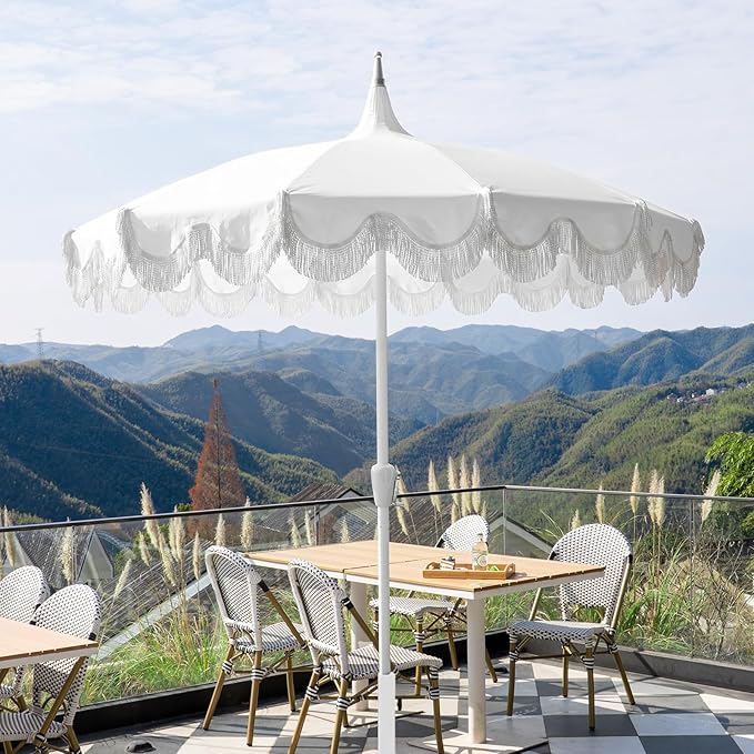 7.5ft Pagoda Patio Umbrella with Fringe, UPF50+ Tassel Umbrella with Crank & Fiberglass Ribs, Holiday Outdoor Umbrella for Garden Pool Lawn Yard Table
