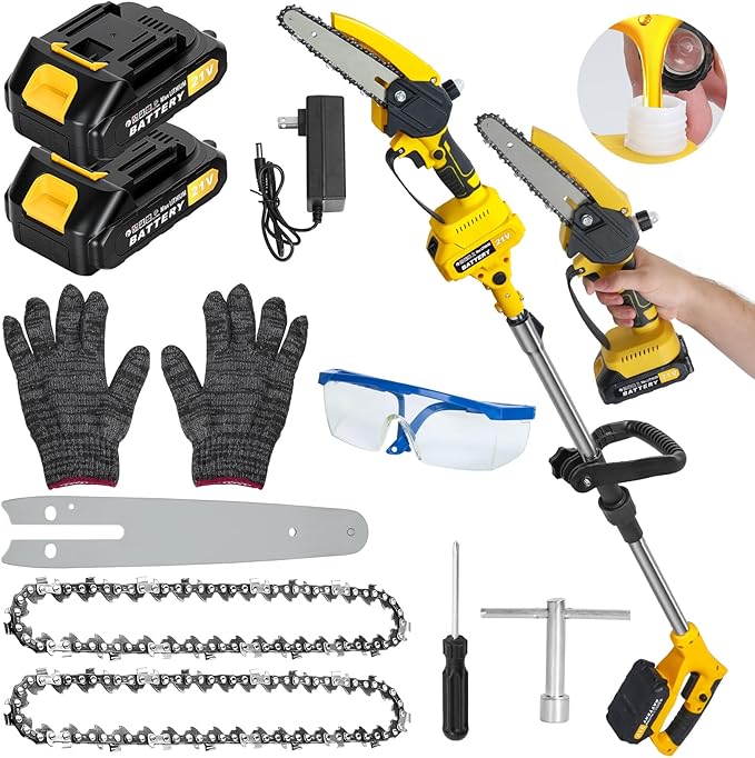 2 in 1 Electric Pole Saw for Tree Trimming, 21V 6 inch Mini Chainsaw Cordless with Extension Pole, Battery Powered Pole Chain Saw, 5.9 Feet MAX Reach Pole Saw with 2 x 1.5Ah Battery