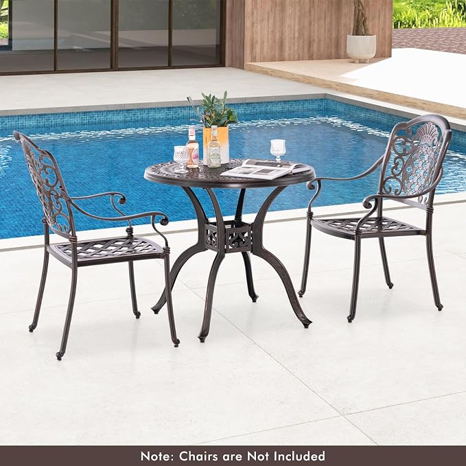 Giantex 31.5" Patio Bistro Table, Cast Aluminum Table Side Table with 2" Umbrella Hole & Adjustable Footpads, All-Weather Metal Outdoor Round Dining Table for Porch, Backyard
