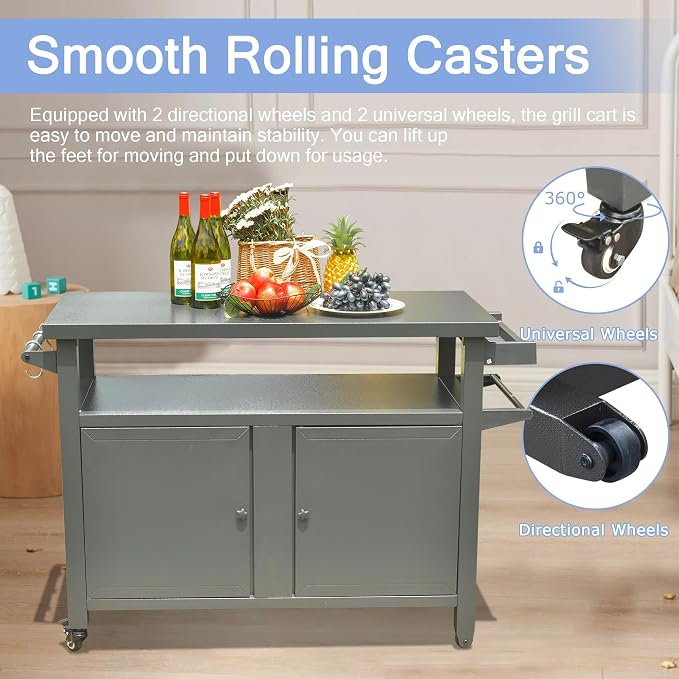 Outdoor Storage Box and Grill Prep Table with Wheels, 83 Gallon Metal Patio Storage Cabinet for BBQ Tools and Garden Gear, Lockable Lid and Side Shelves, 51.67 x 20.31 x 35.51 Inches, Grey