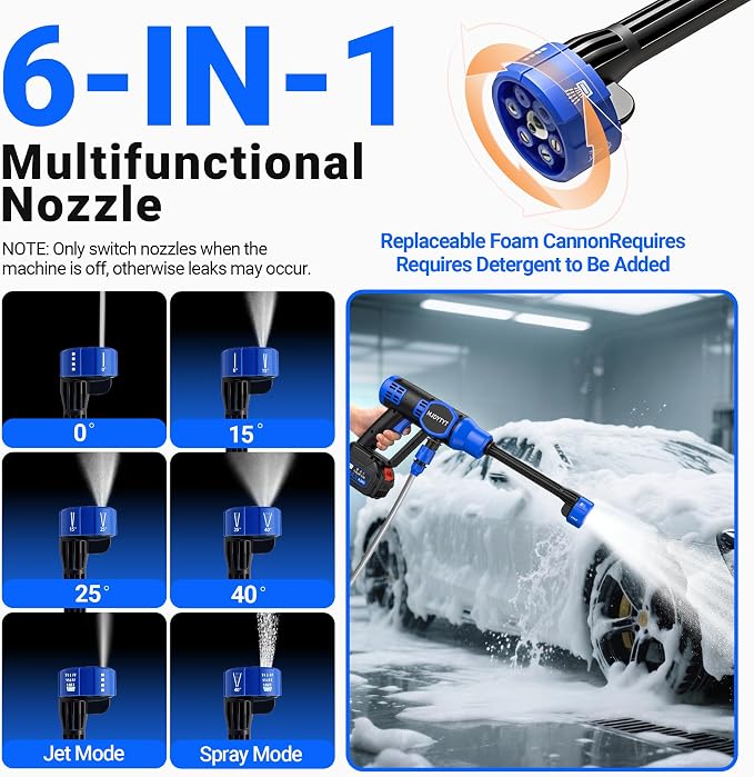 Cordless Pressure Washer with Brushless Motor, 6-in-1 Nozzle, Cordless Power Washer 16.4FT High-Elastic Hose, Portable Handheld Cleaner for Car, Home, Patio, Driveway