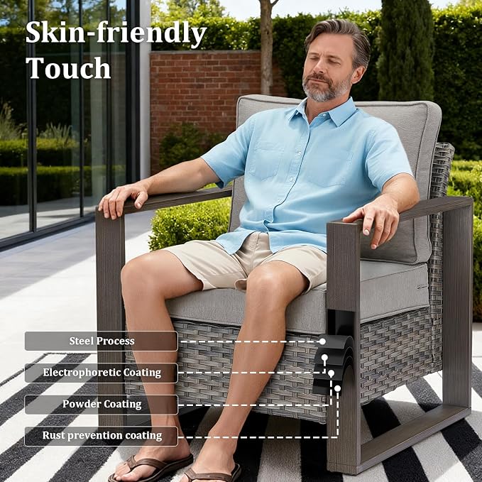 3 Pieces Patio Sofa Set with Metal Arm, High Back Wicker Sectional Outdoor Sofa with Ottomans, Outdoor Seating Furniture High Back Conversation Set for Balcony Deck Porch Backyard, Grey/Grey
