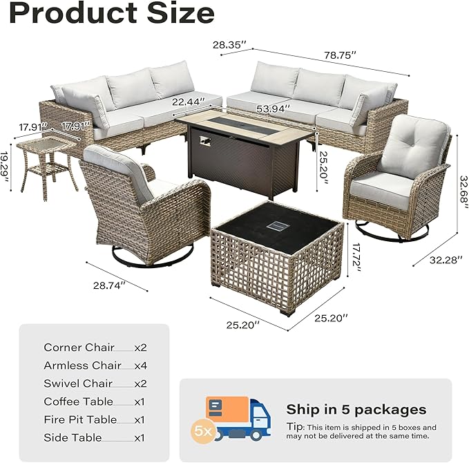 11 Pieces Outdoor Sectional Patio Furniture Set with 54" Fire Pit,Wicker Conversation Sets Rattan L Shaped Couch Swivel Rocking Chairs,Modular Outdoor Sofa for Porch Balcony Backyard Grey