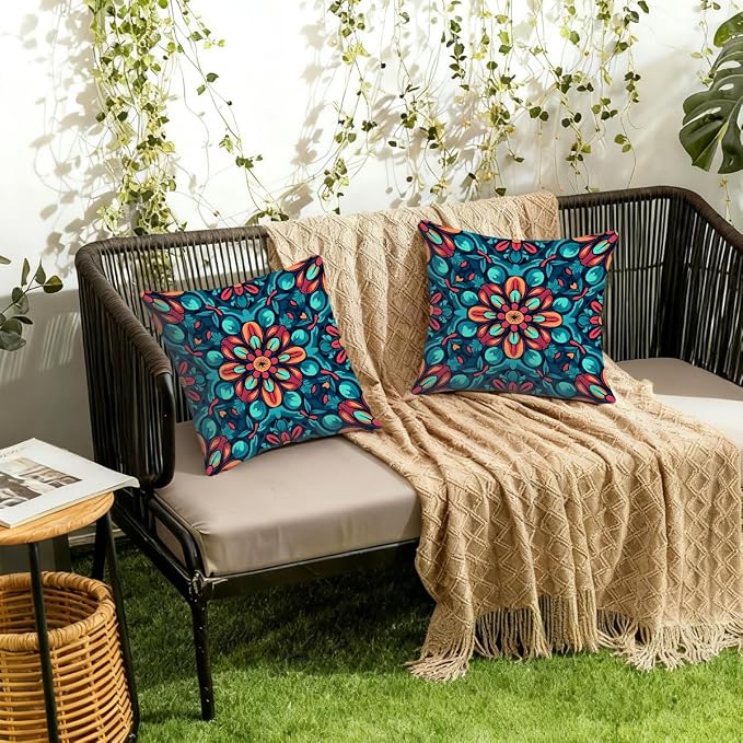 22x22 Inch Outdoor Pillow Covers Set of 2 Waterproof Throw Pillow Covers Decorative Couch Cushion Covers Boho Mandala Floral Square Pillowcases Protectors for Patio Garden Sofa