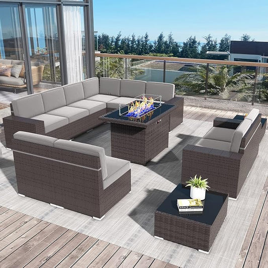 13 Pieces Patio Furniture Set with 44" Propane Gas Fire Pit Table, Outdoor Sectional Brown Rattan Wicker Conversation Sofa Sets with Coffee Table