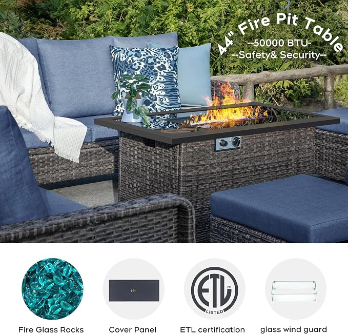 7 Seats Outdoor Patio Furniture Set with 44" Gas Fire Pit Table, Wicker Swivel Rocking Chairs Conversation Sets with Cushion, High Back Sectional Sofa with Gilder Chair for Yard Garden Porch, Blue