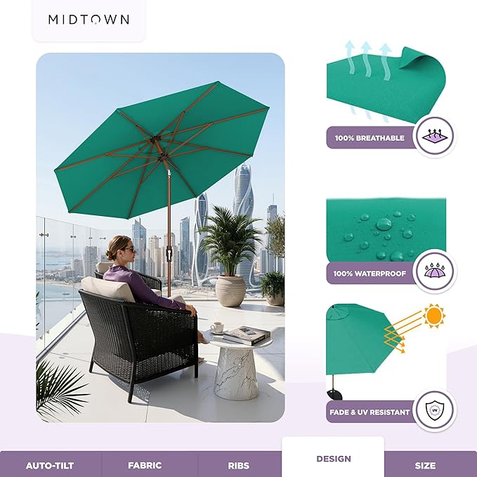 Midtown Umbrellas Wooden 2-8 Ft Patio Umbrella with 360° Swivel & Tilt Mechanism, 8 Fiberglass Ribs & Sunbrella Fabric - Outdoor Umbrella for Deck, Pool & Garden - Burgundy Canopy, Wooden Pole