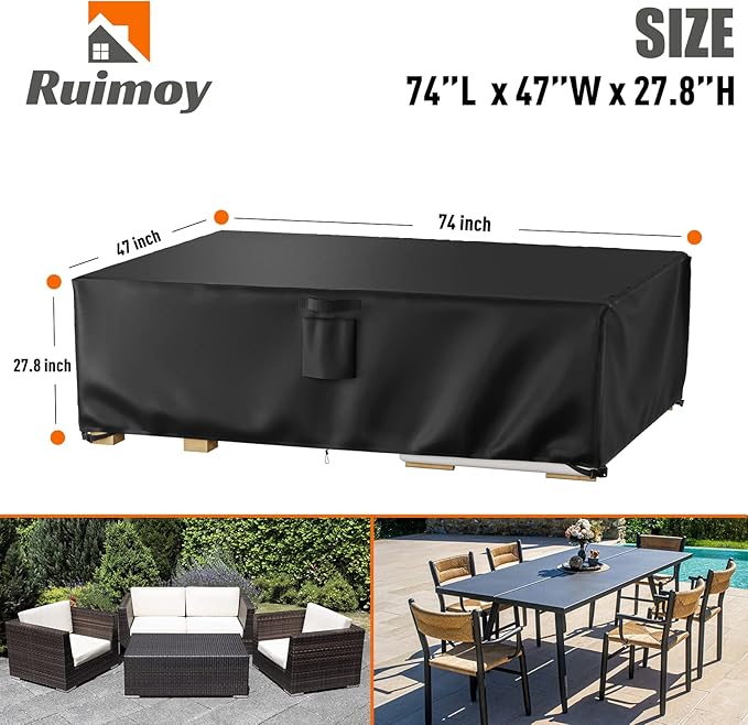 Ruimoy Patio Furniture Covers, Outdoor Furniture Cover Waterproof, General Purpose, Outside Table and Chair Covers, Heavy Duty 600D (74 Inch L x 47 Inch W x 27.8 Inch H)