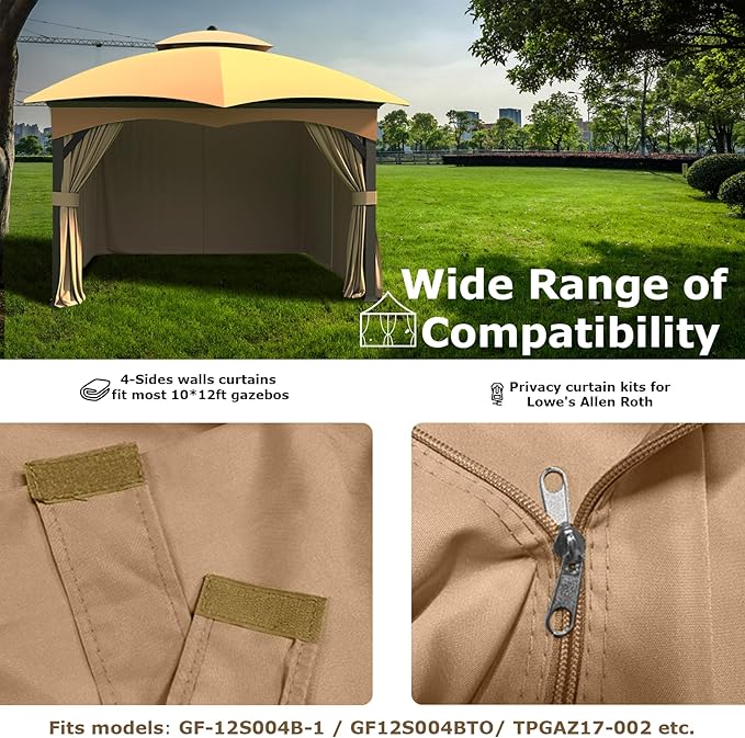 Upgraded 10’x12’ 4-Side Wall Gazebo Privacy Curtains with Zipper for Lowe's Allen Roth #GF-12S004B-1 / GF-12S004BTO / TPGAZ17-002, 4-Panels Curtains Replacement for 10-ft x 12-ft Gazebo (Khaki)