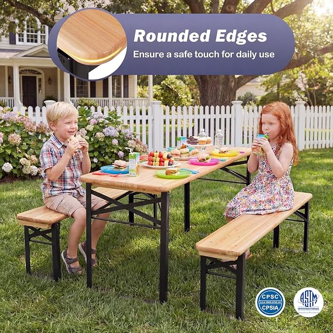 Costzon Kids Picnic Table, 43.5 Inch Folding Picnic Table with 2 Benches, Fir Wood Top & Metal Frame, No Assembly 3-Piece Portable Kids Indoor/Outdoor Furniture for Patio Backyard Daycare (Black)